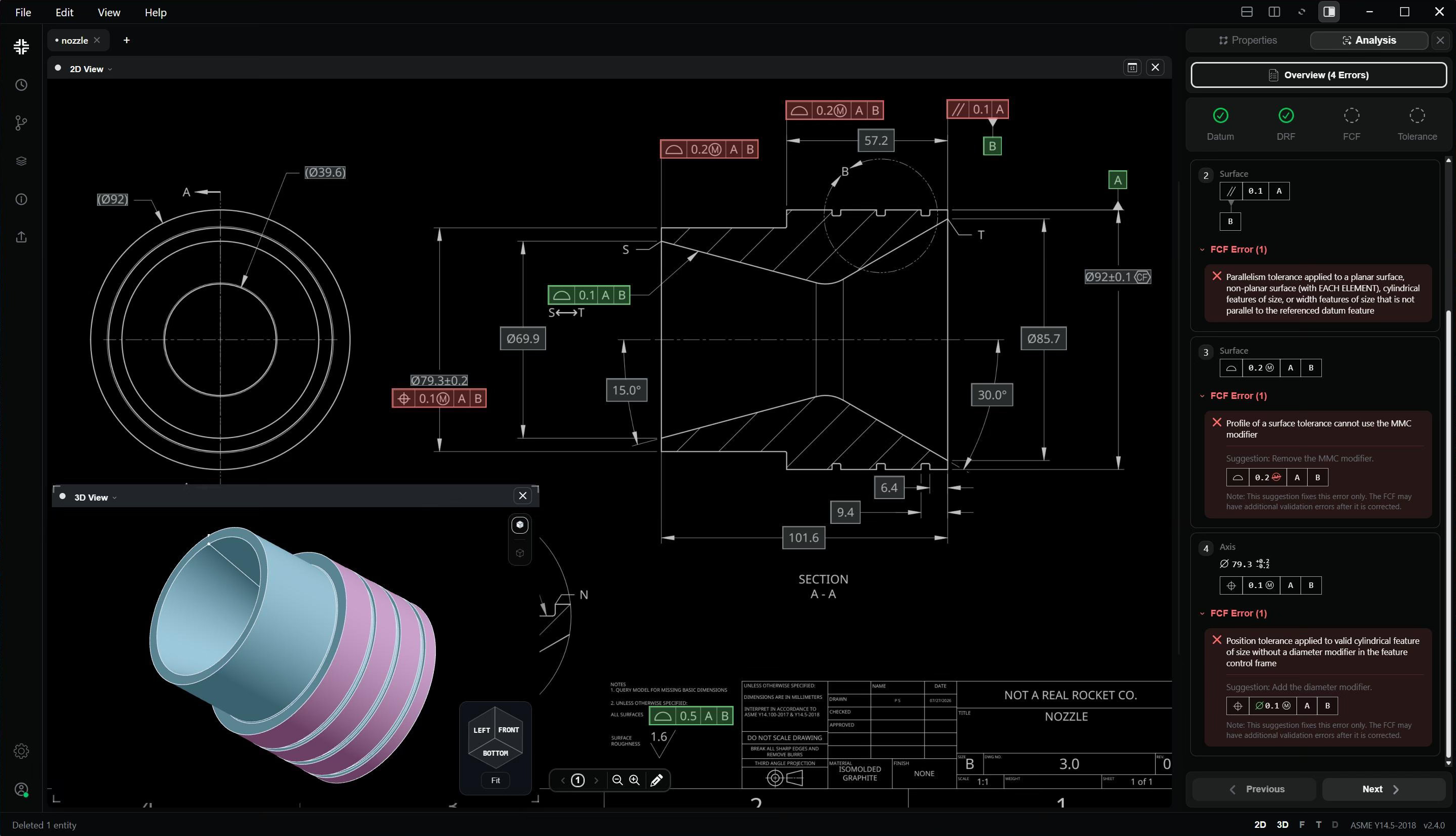 F4 desktop app identifying GD&T issues in an engineering drawing