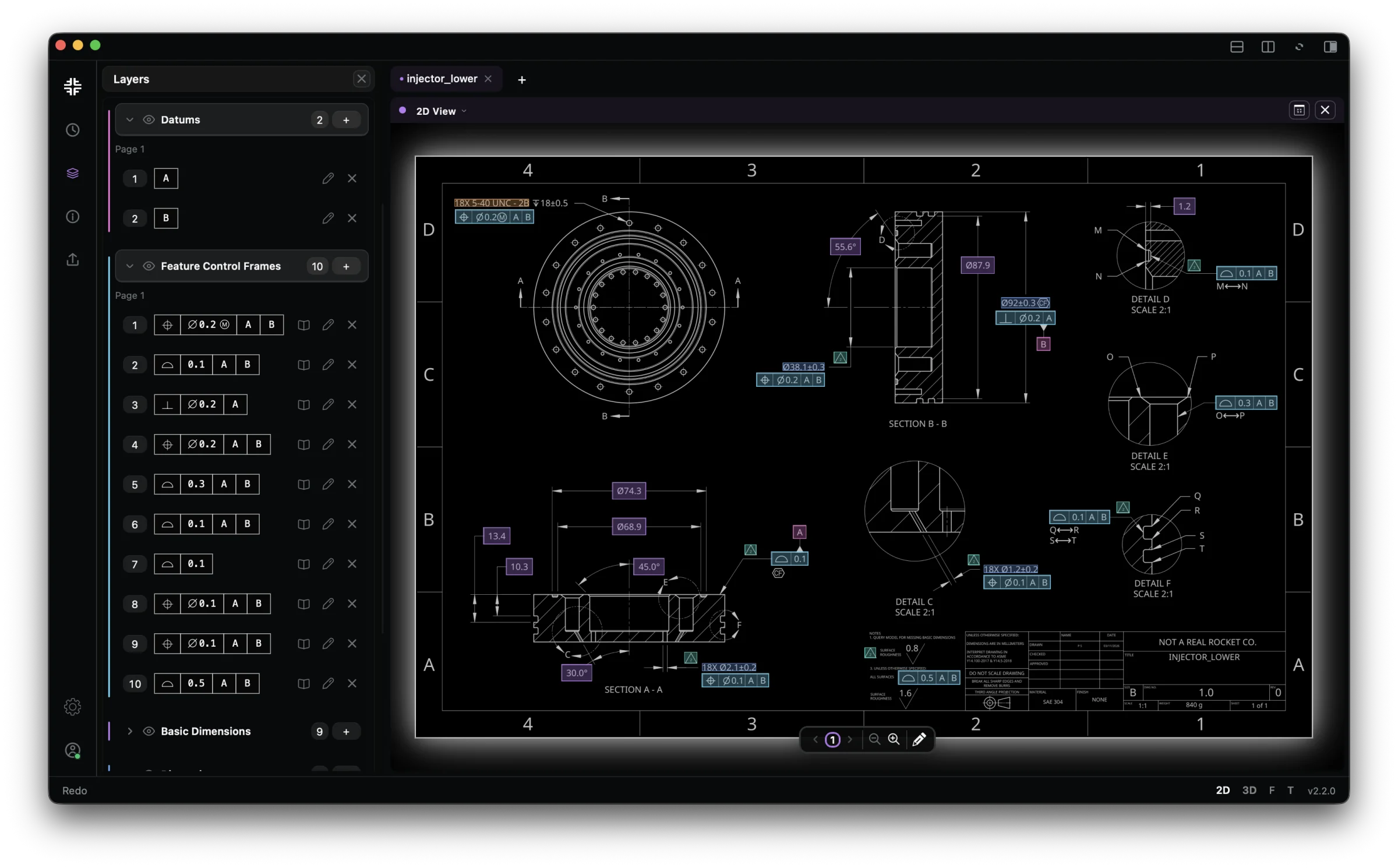 F4 application labeling datums, feature control frames, and dimensions on an engineering drawing