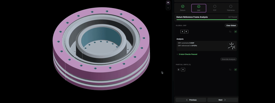 F4 application visualizing datum reference frames and tolerance zones on a 3D part model