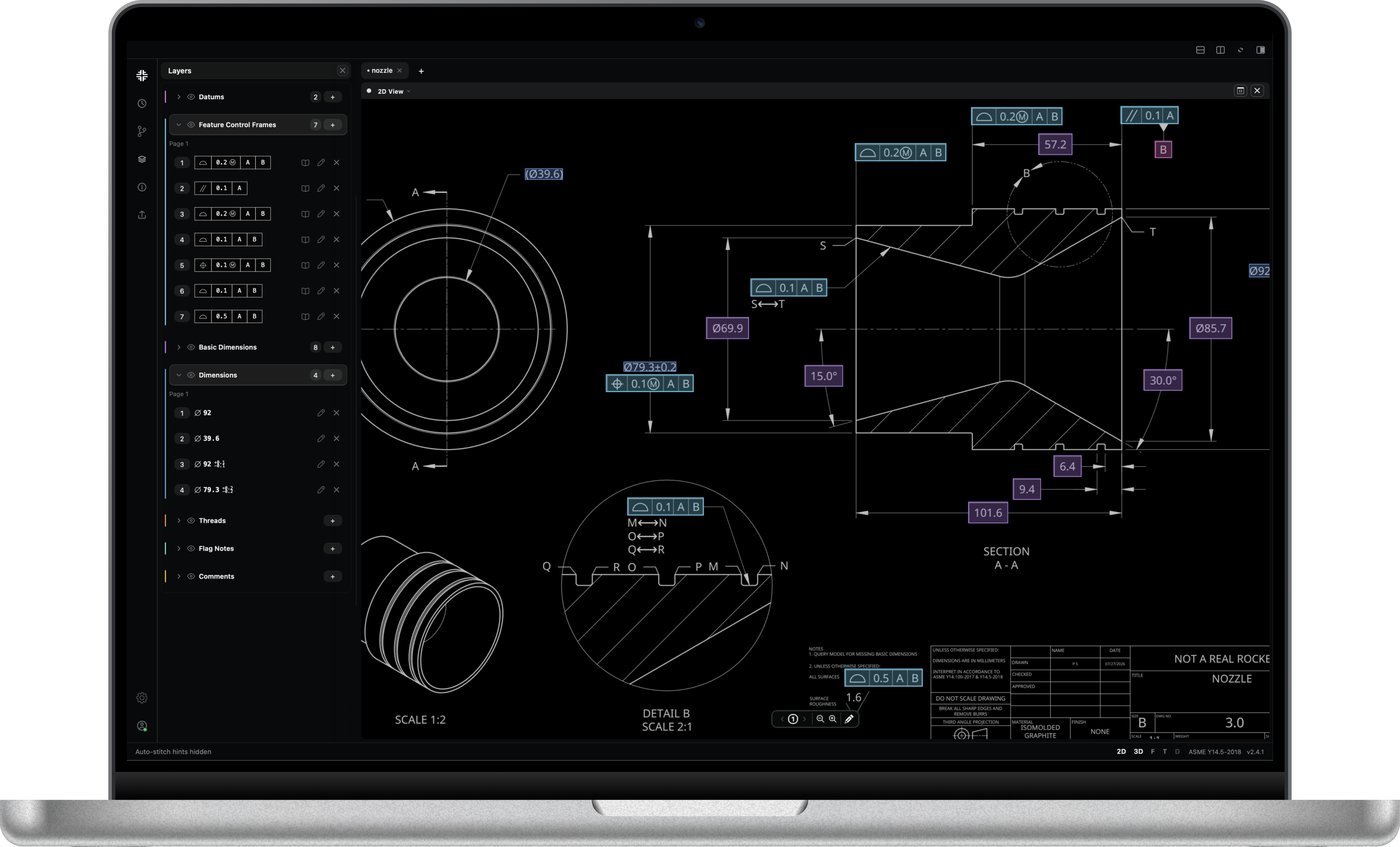 F4 on a MacBook displaying an engineering drawing with GD&T annotations
