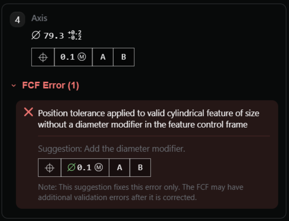 F4 flagging an invalid position tolerance and suggesting the correct diameter modifier