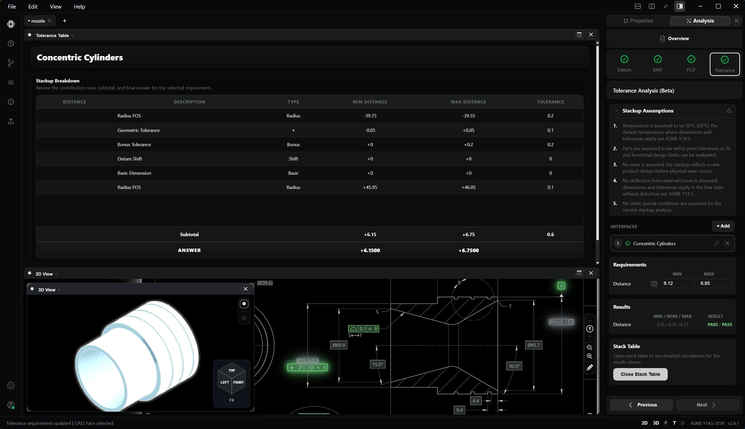 F4 desktop app analyzing tolerance stackups in an engineering drawing