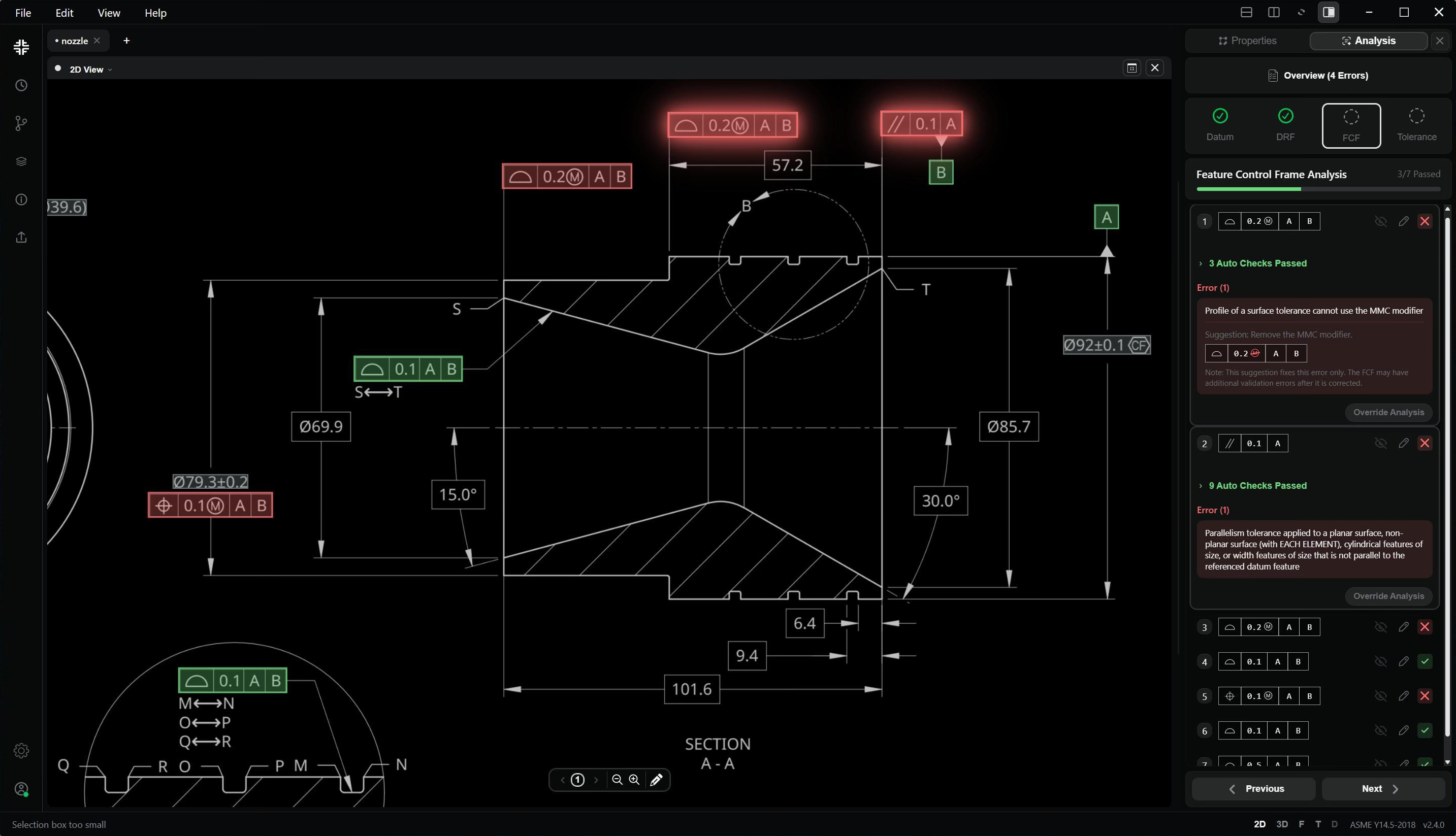 F4 desktop app identifying validation errors in an engineering drawing